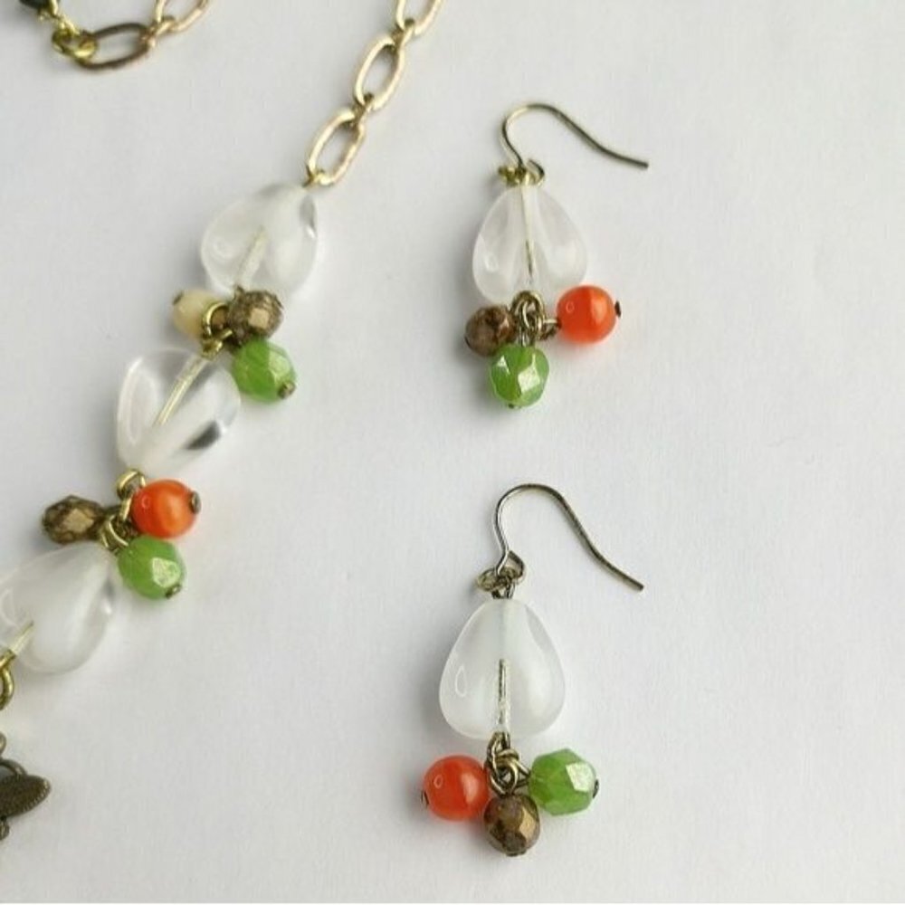 Vintage Czech artisan beaded white milk glass butterfly necklace earring set - Picture 2 of 7
